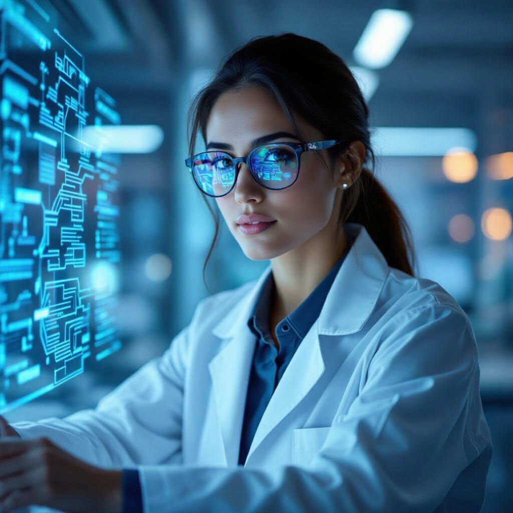 Female AI Engineer in Futuristic Lab, Photorealistic Style