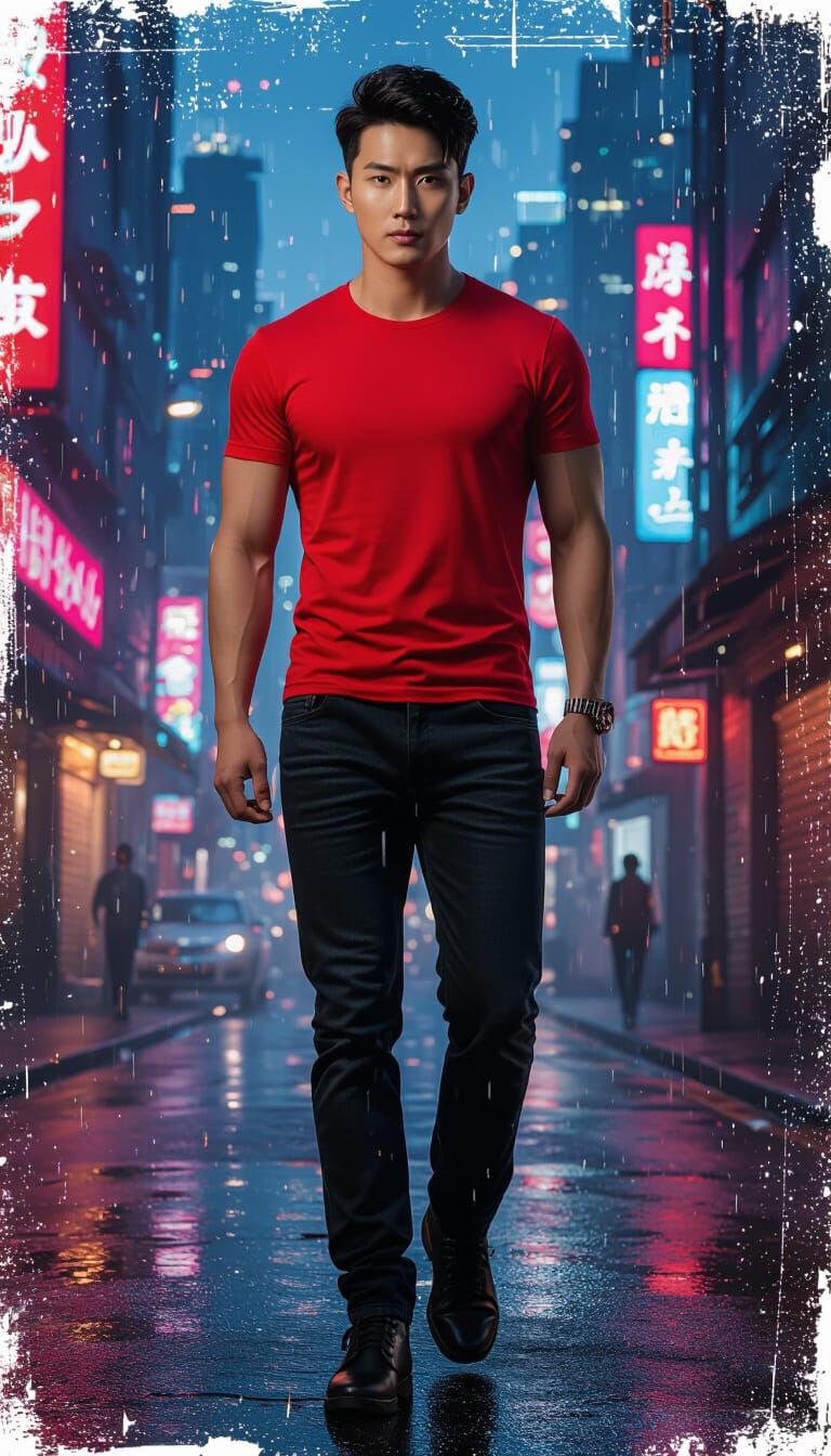 Cyberpunk City Pin-Up: Korean Man in Neon Glow