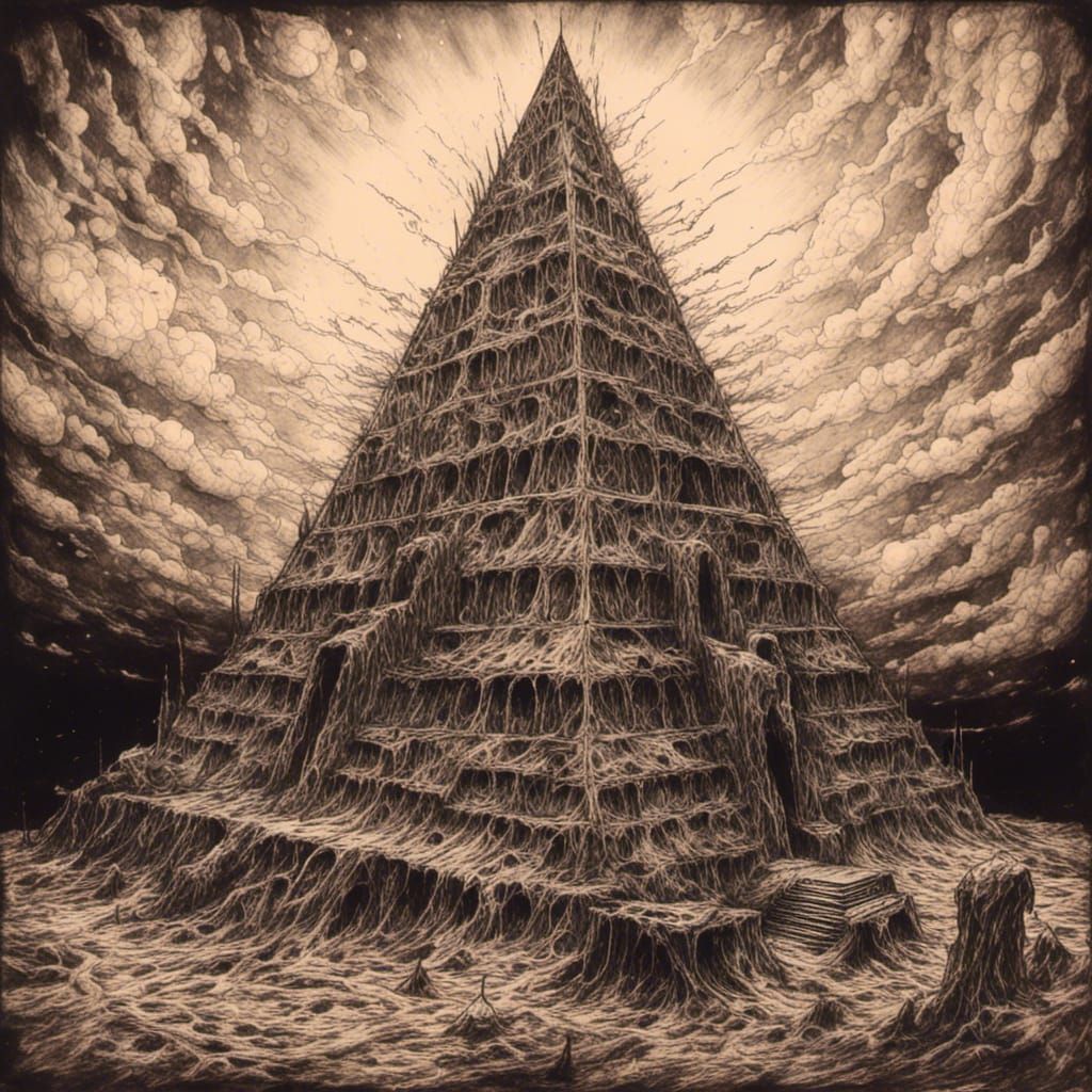 Surreal Pyramid Artifact in Macabre Sandstorm