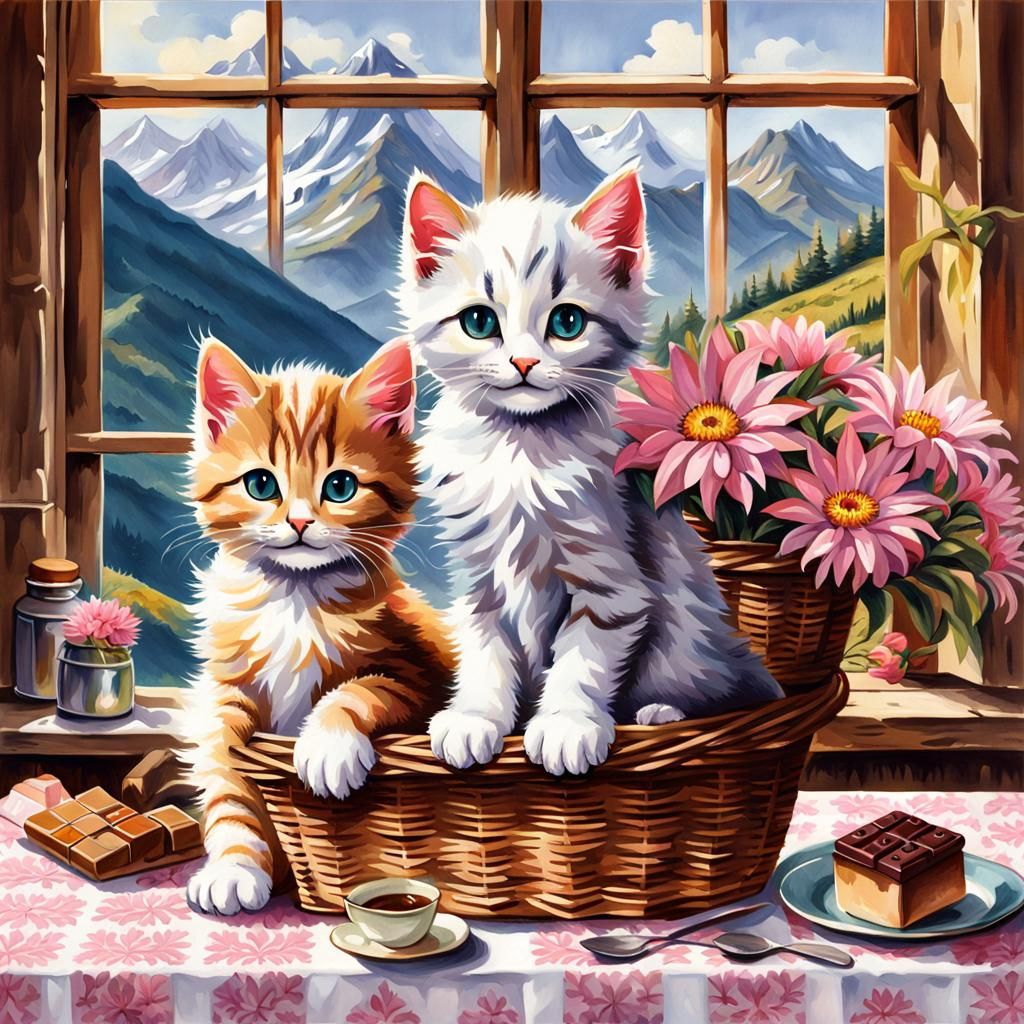 Kittens in a Basket of Asters and Lilies
