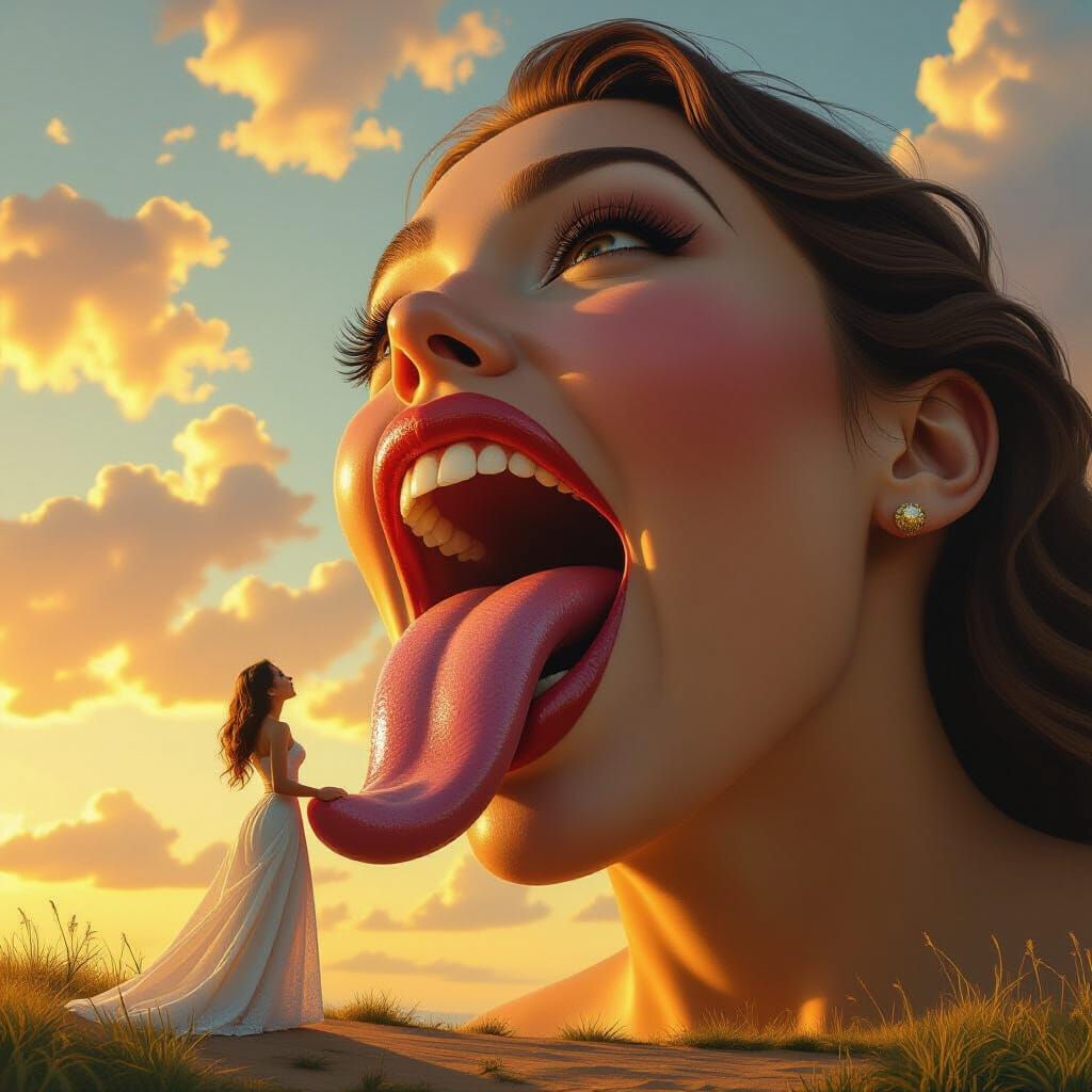 Giant Woman and Tiny Woman on Tongue, Golden Hour Light