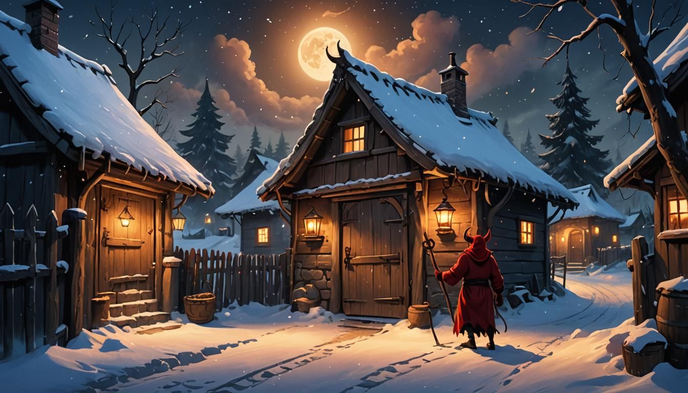 Devil Sweeping Snowy Village: Folkloric Digital Painting