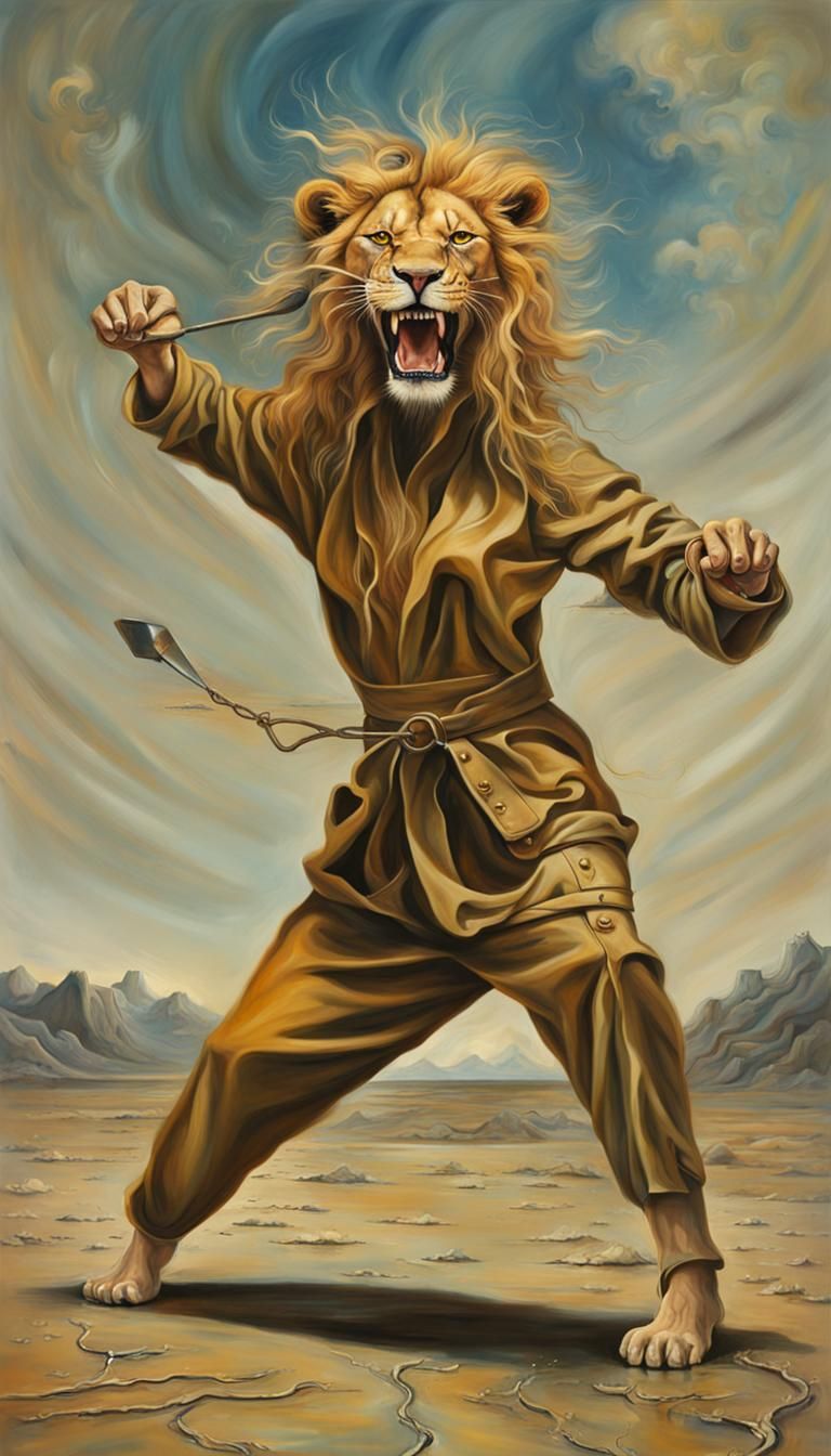 Post-Apocalyptic Lioness Practicing Taekwondo, in Surreal St...