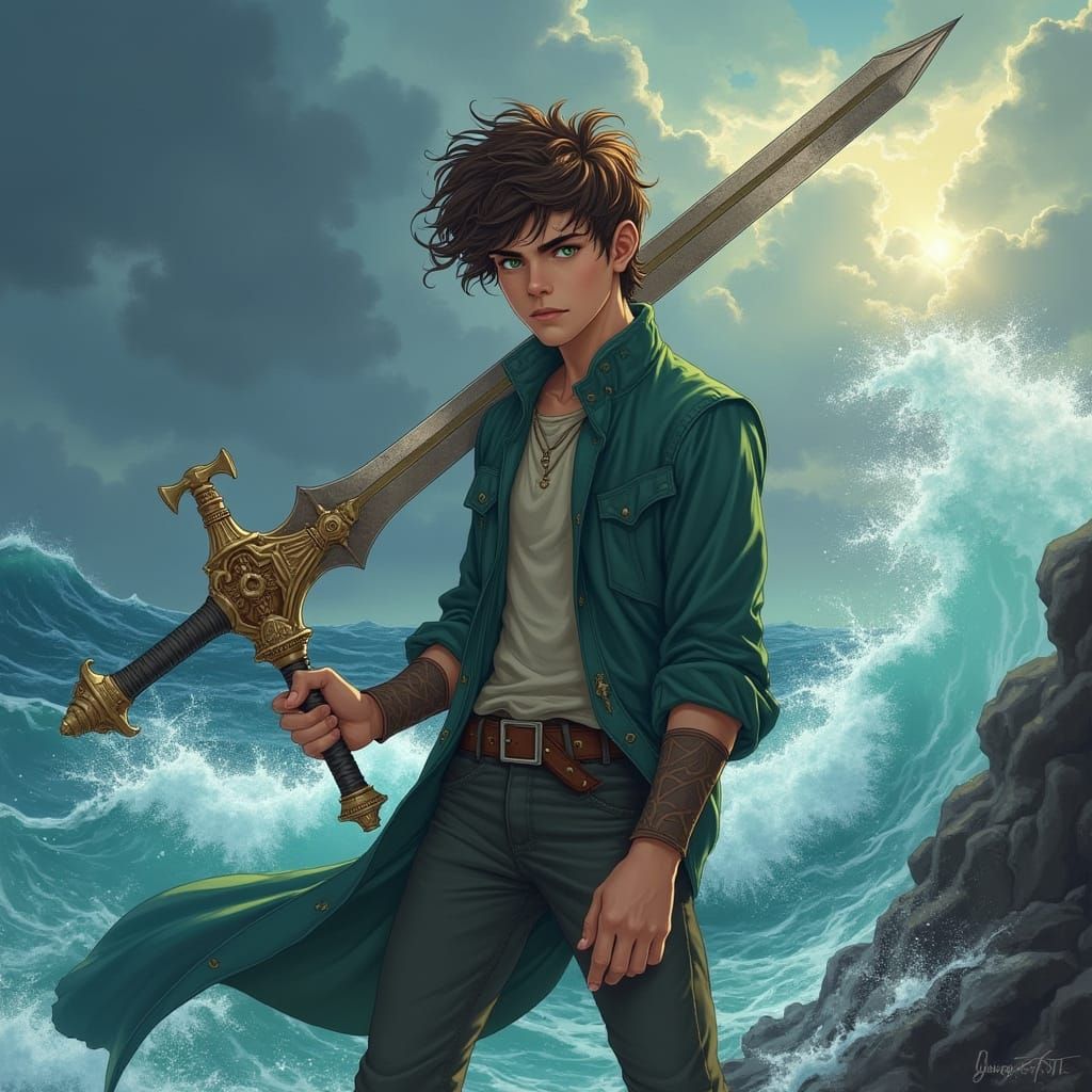 Epic Fantasy Demigod Hero in Stormy Seas