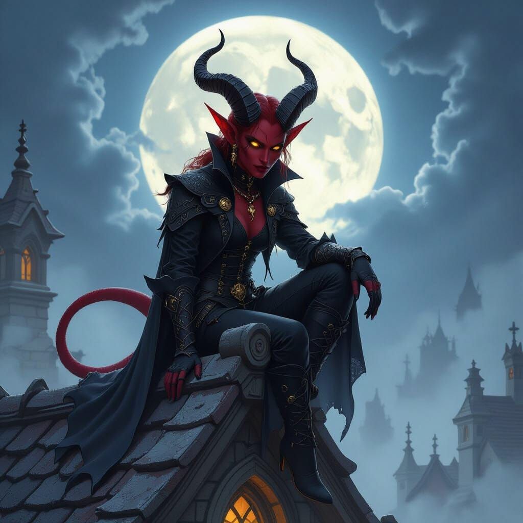Crimson Tiefling on Gothic Rooftop in Fantasy Style