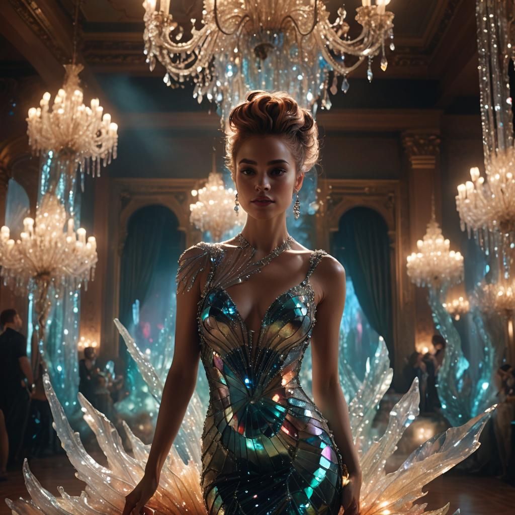 Crystal Mermaid Dress in Lavish Ballroom: Digital Art