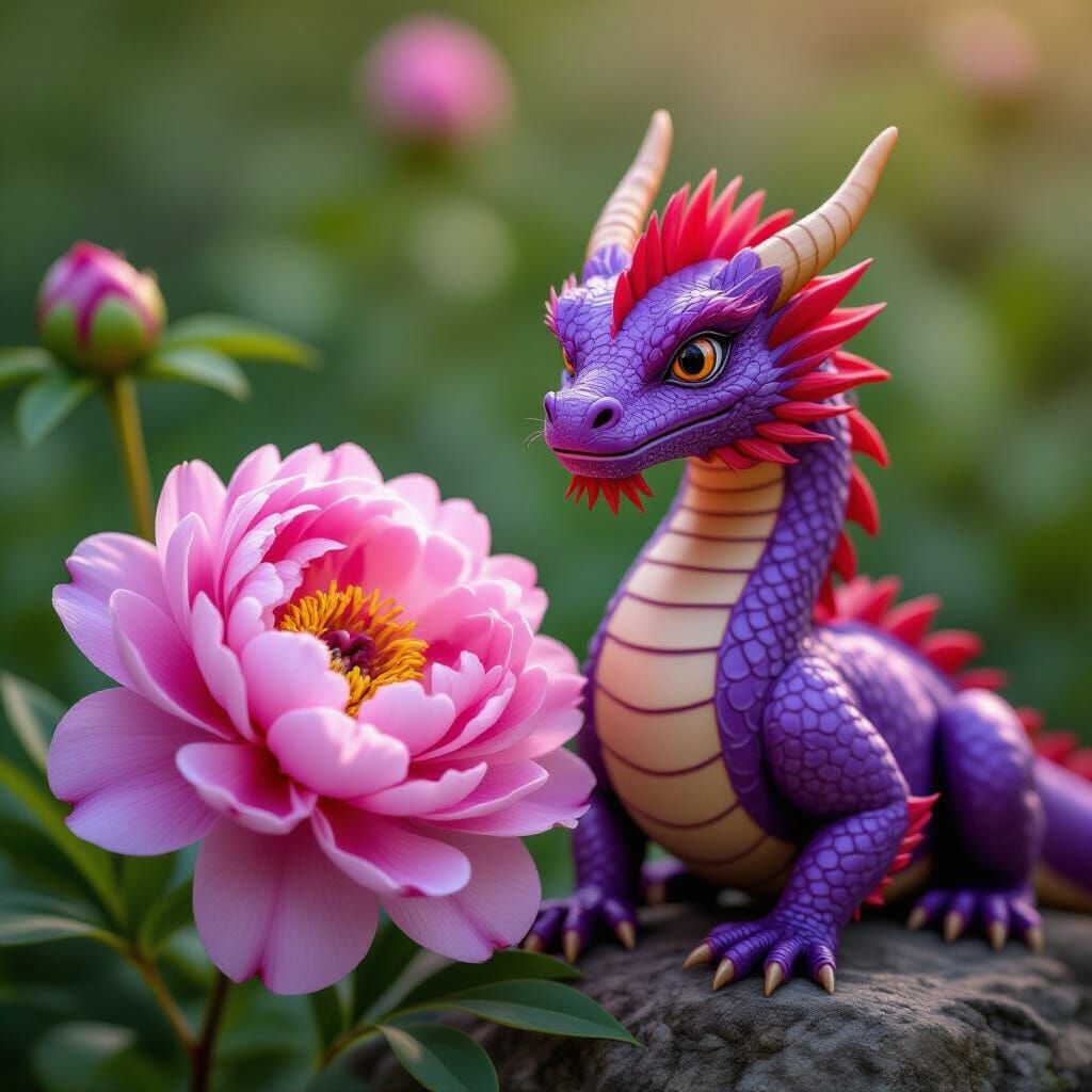 Peony and Purple Dragon Fantasy Art
