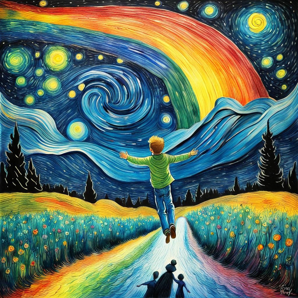 Child Flies on Starry Night in Surreal Crayon Style