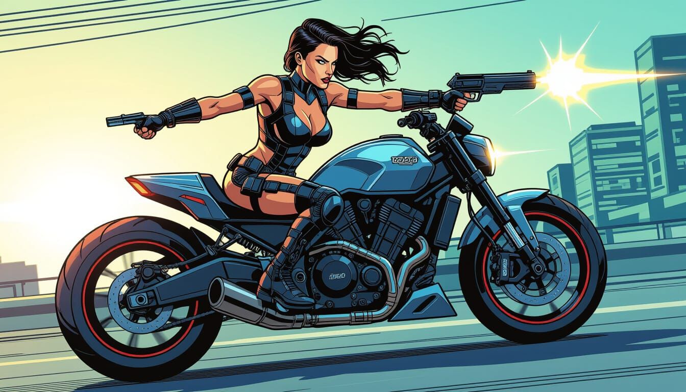 Bounty Hunter Woman on Cyberpunk Bike, Comic Style