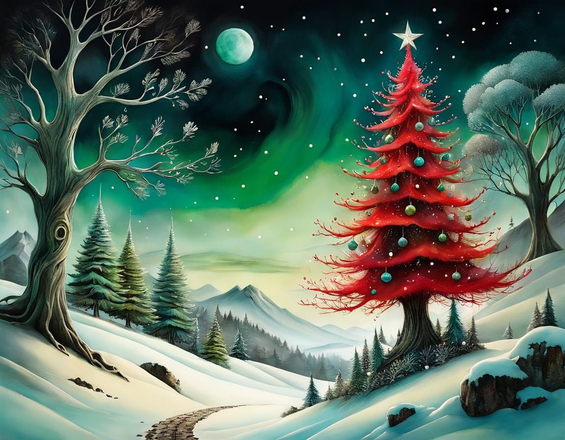 Whimsical Moonlit Christmas Tree in a Dreamlike World