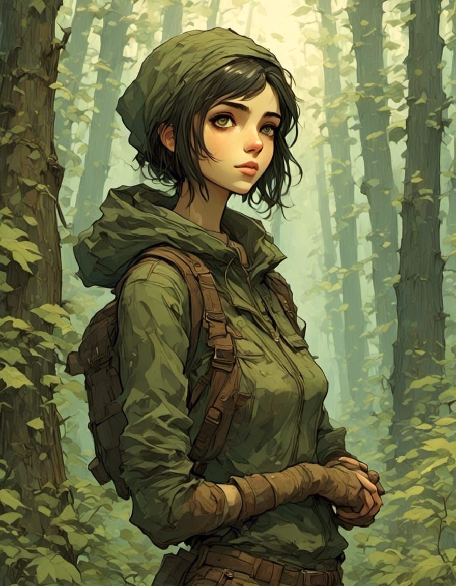 Anime Model in Forest, Beksinski-Inspired Art