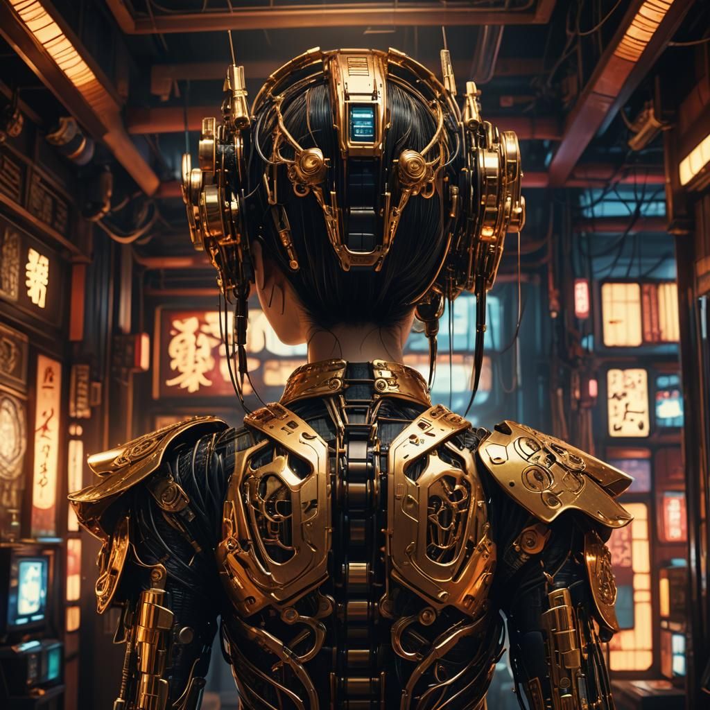Geisha Robot Face in Cyberpunk Style