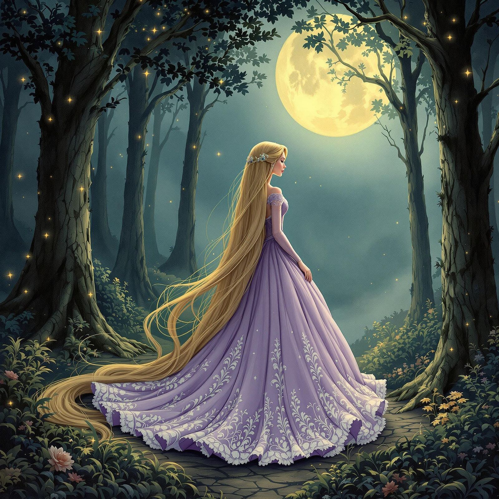 Golden Princess in Lavender Ball Gown, Whimsical Forest Drea...