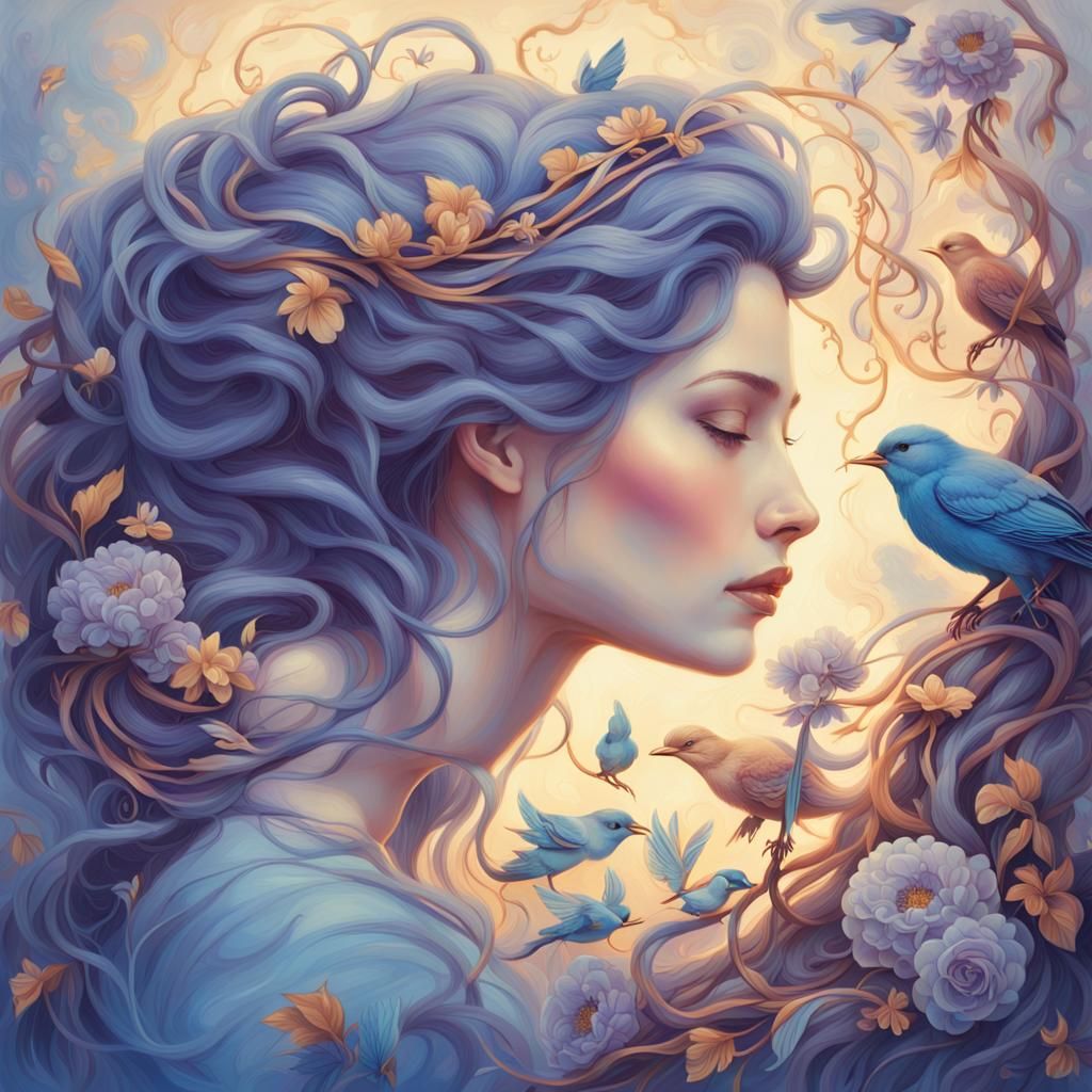 Woman with Birds in Hair, Ethereal Portrait
