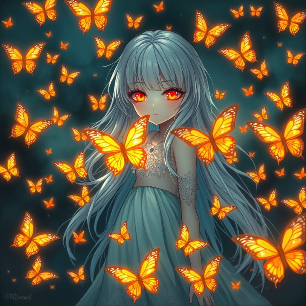 Anime-Inspired Girl with Orange Eyes and Silver Hair Surroun...