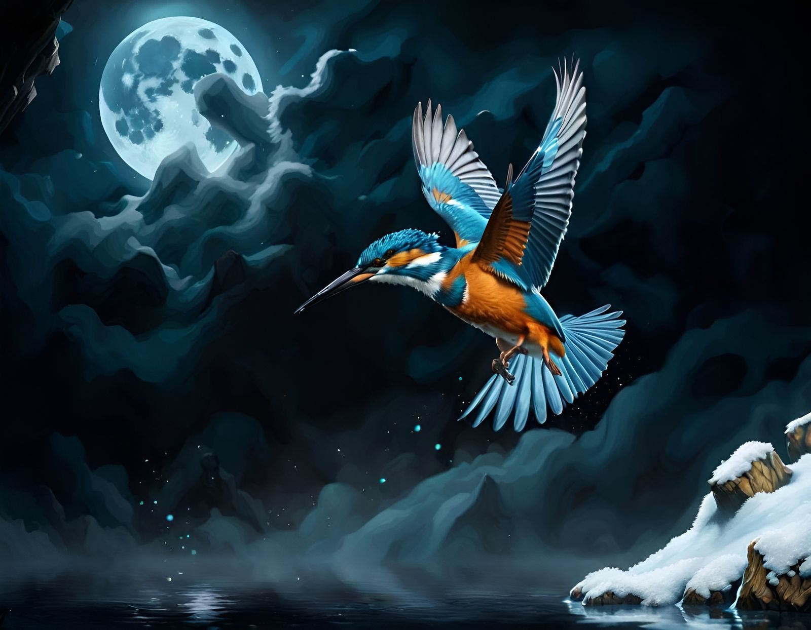 Majestic Kingfisher Diving in Moonlight Snowstorm