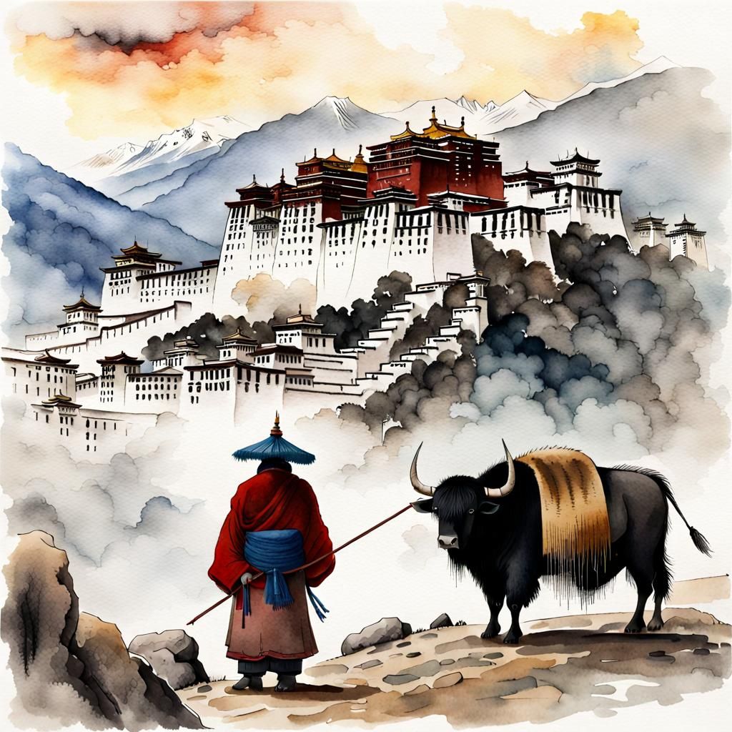Tibetan Yak by Prayer Mill, Hokusai Watercolor