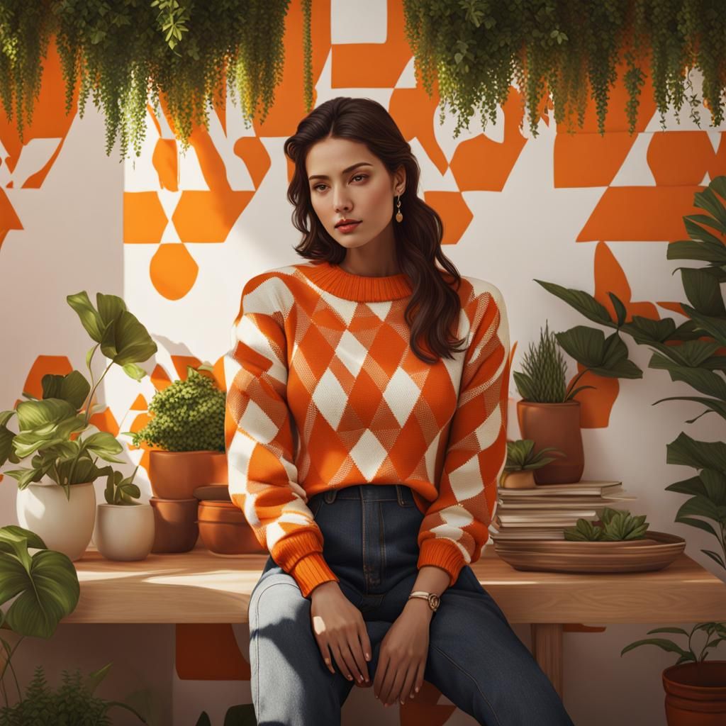 Woman in Checkered Sweater with Lush Background