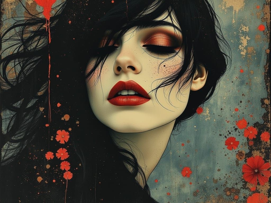 Ethereal Gothic Woman in Colorful Abstract Dreamscape