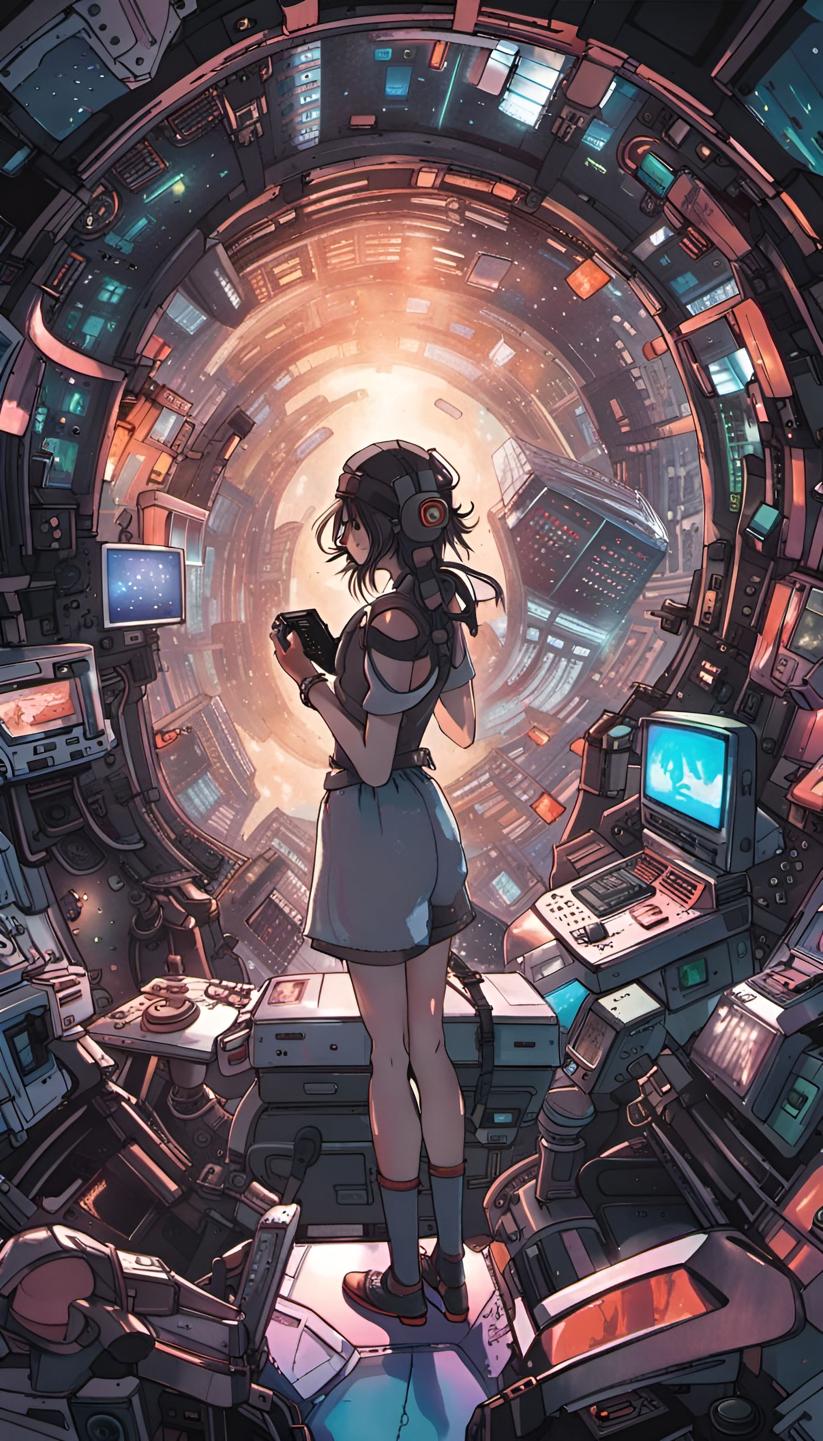 Anime Girl Gaming in Futuristic Brutalist City