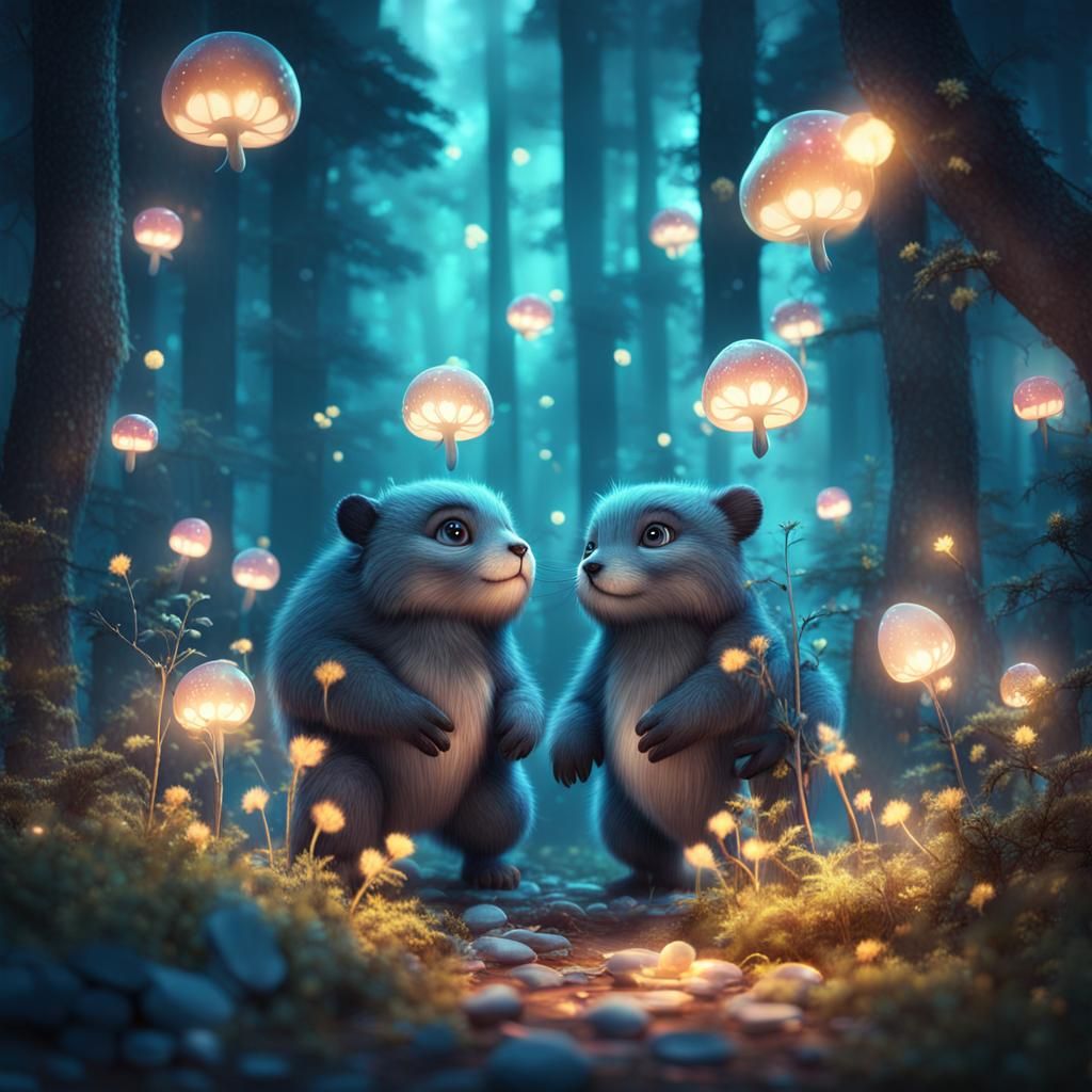 Cute, kawaii forest with furry creatures, epic, luminous double exposure, cool front illumination only, glamurous, fanta...