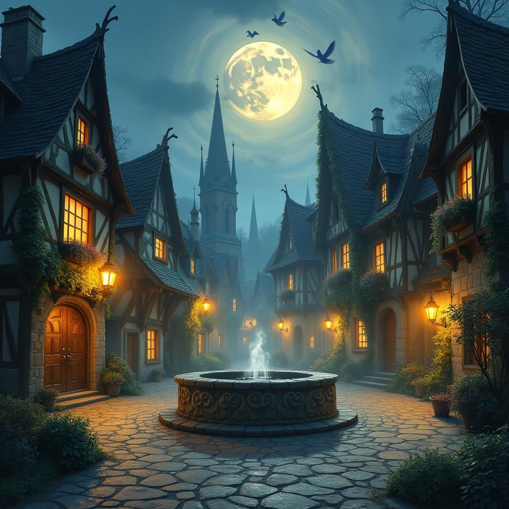 Mystical Medieval Town Square in Moonlight