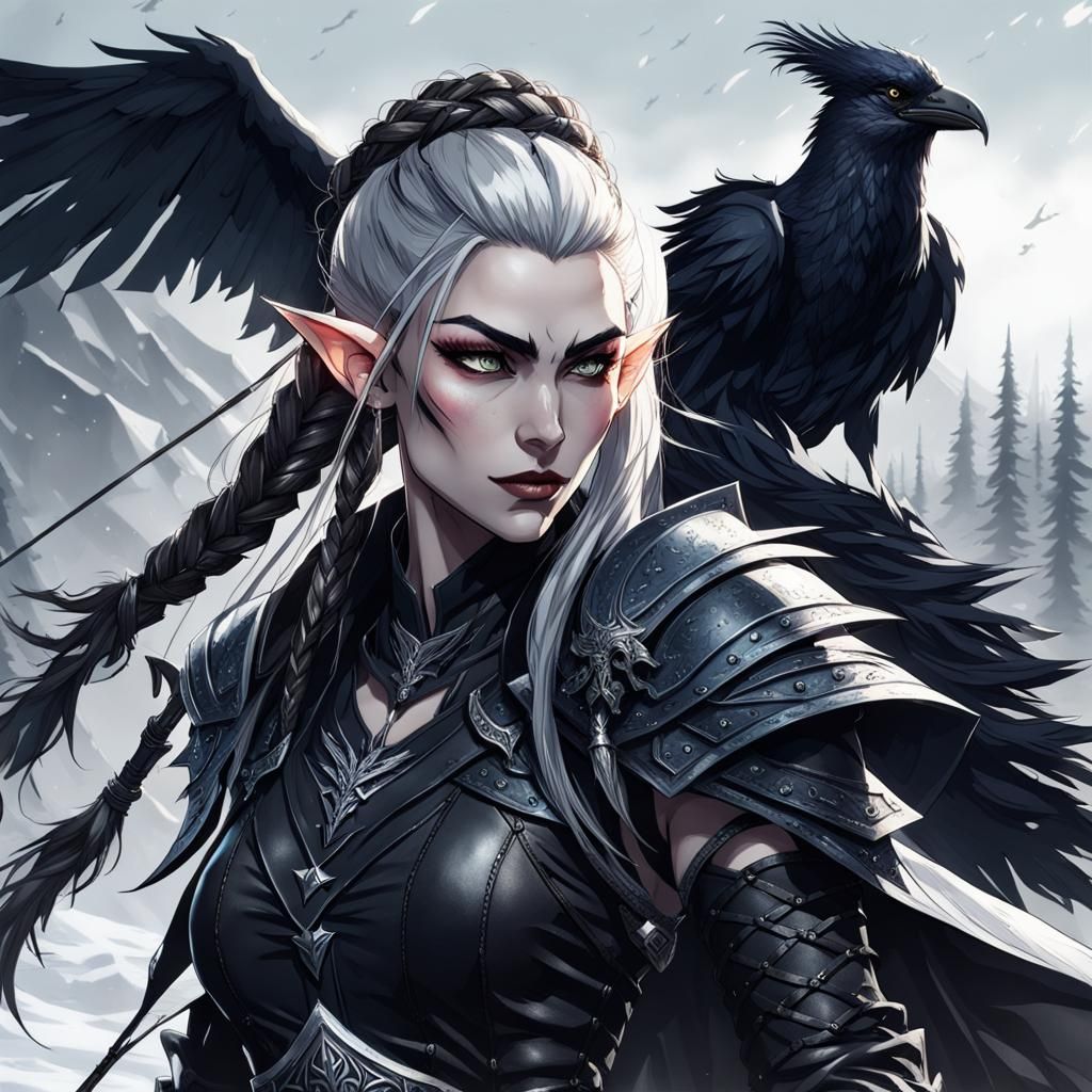 Fierce Elf Warrior with Raven, Digital Art