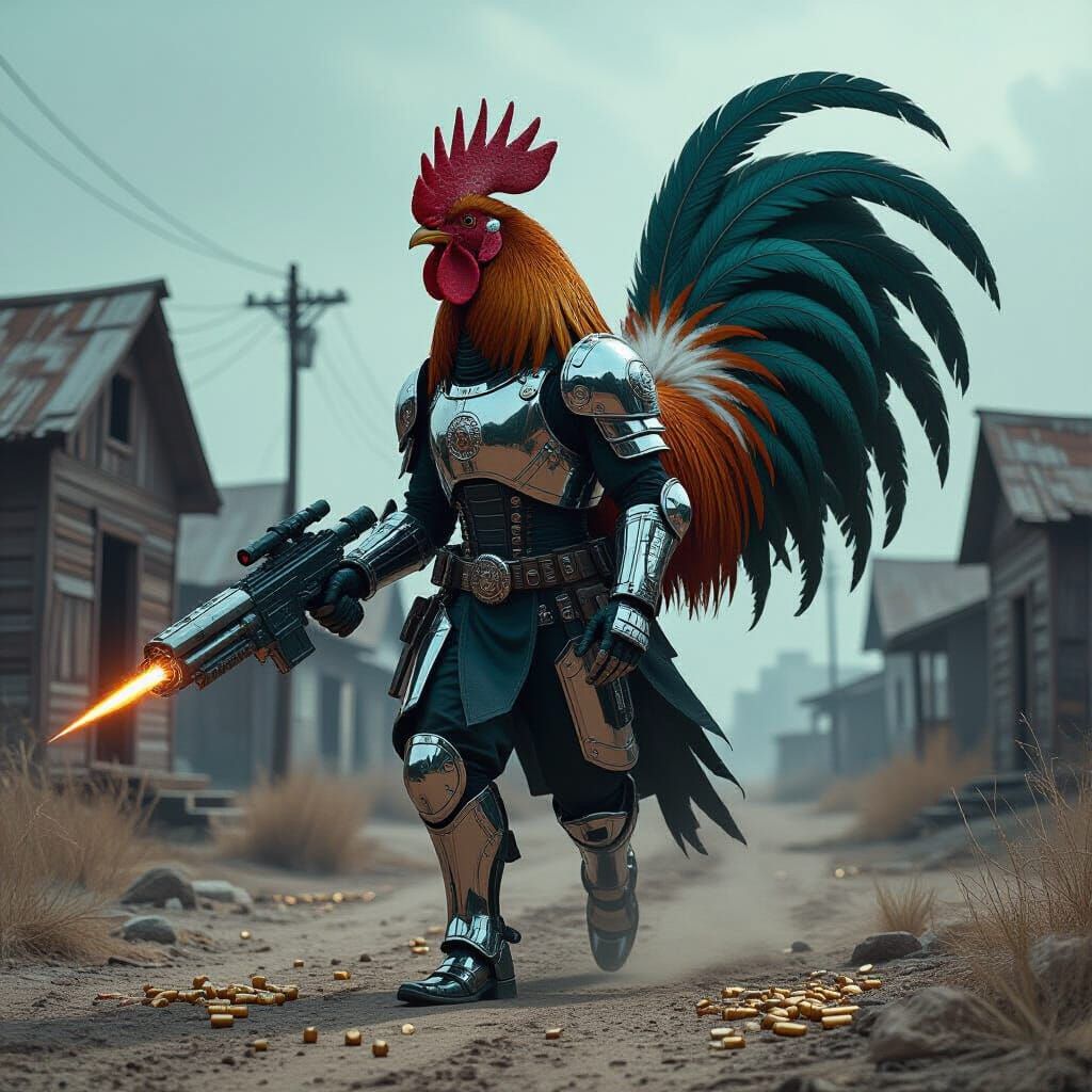 Chrome Rooster Patrols Ghost Town in Biomechanical Style