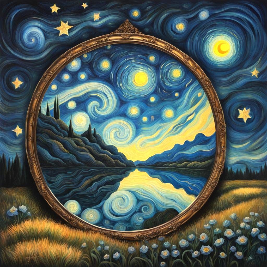 Surreal Starry Night and Dawn Unfolding in a Mirror