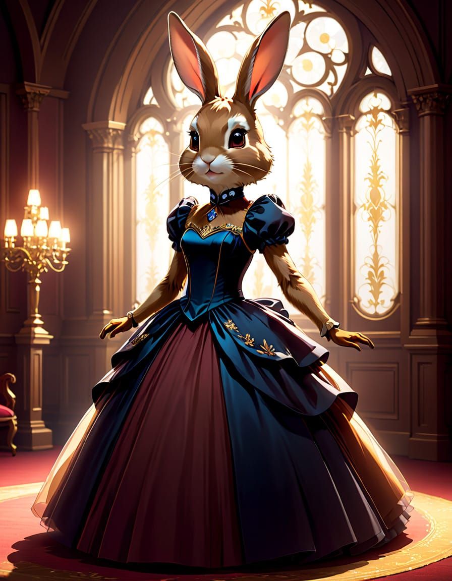 Elegant Brown Bunnygirl in Ballgown, Anime Style
