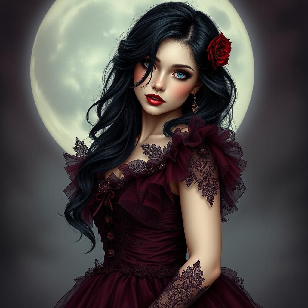 Enchanting Gothic Woman in Dark Burgundy Dress