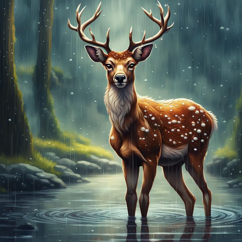 Deer standing in the rain