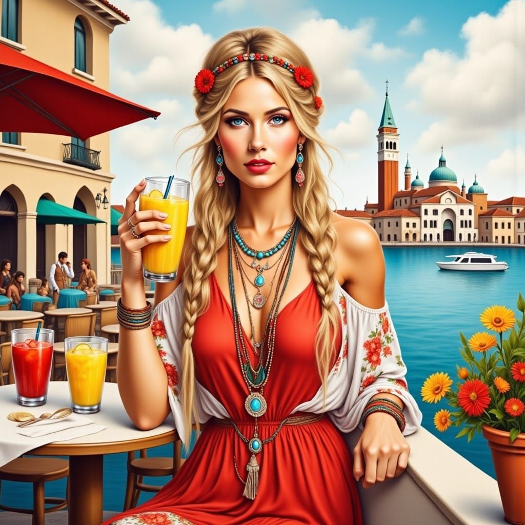 <lora:Hippie Flux:1.0> full body portrait, beautiful woman in hippie style,  red+white  dress, blond long hair, necklace...