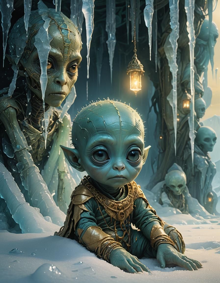 Baby Alien and Mummy in Ice-Bed, Surreal Art