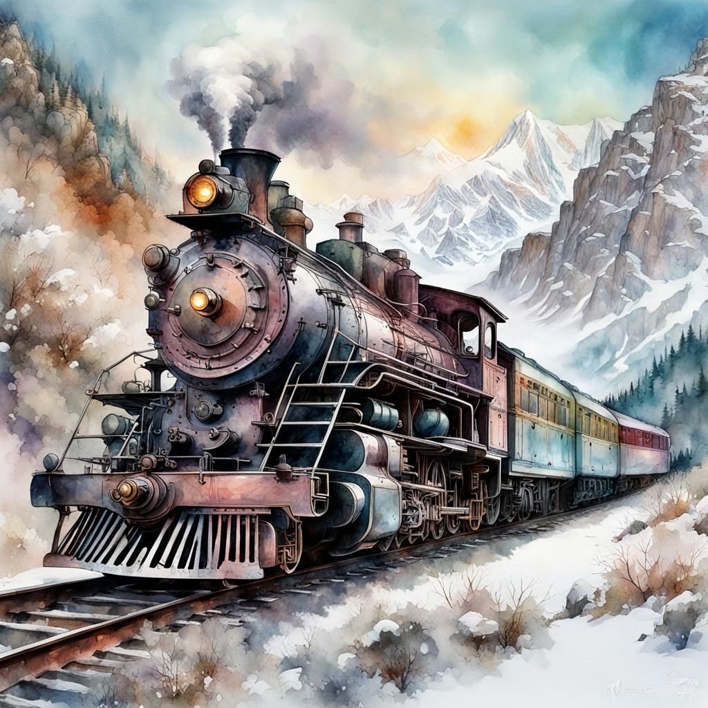 Biopunk Steam Locomotive in Snowy Mountains