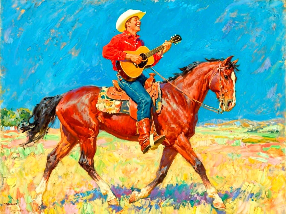 Happy Cowboy Playing Guitar as Oil Painting by Rockwell