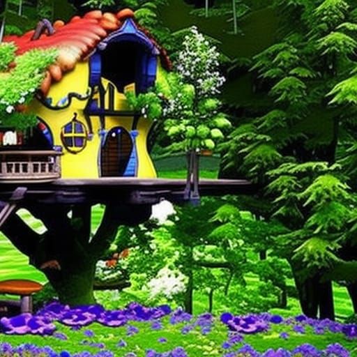 Gnomes Dancing Under a Treehouse with Flowers