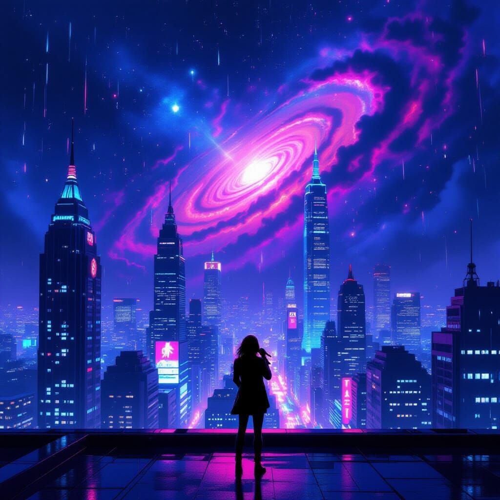 Singer on Rooftop Overlooking Neon Cyberpunk Metropolis