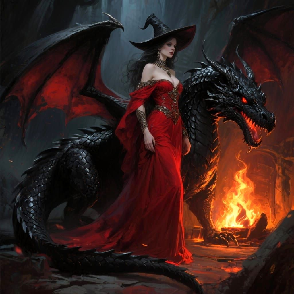 Elegant Witch and Black Dragon in Dramatic Firelight