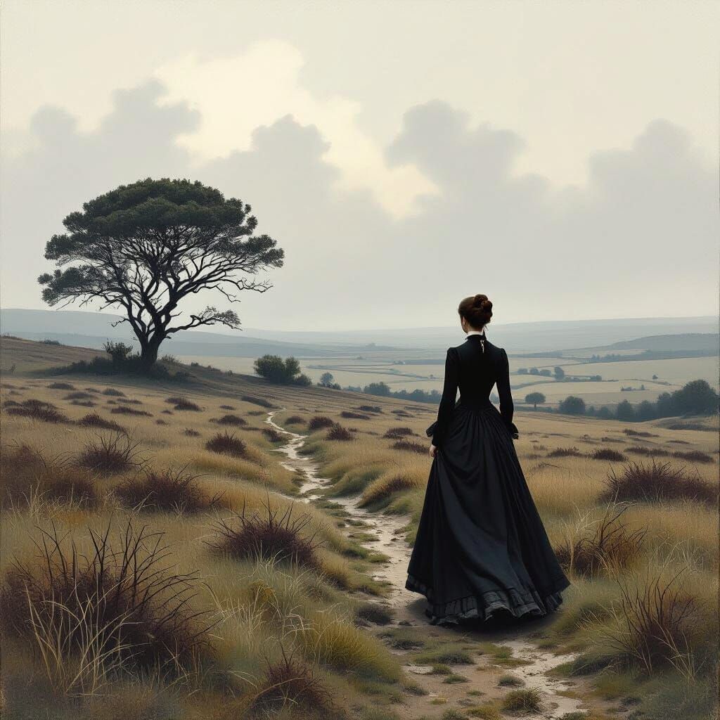 Victorian Woman in Moors Landscape, Atmospheric Art
