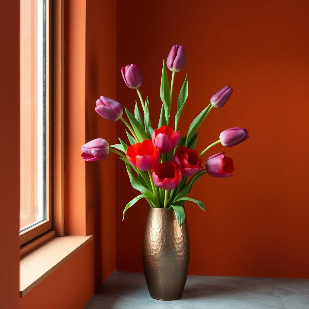 Ikebana Tulips in Copper Vase, High Resolution