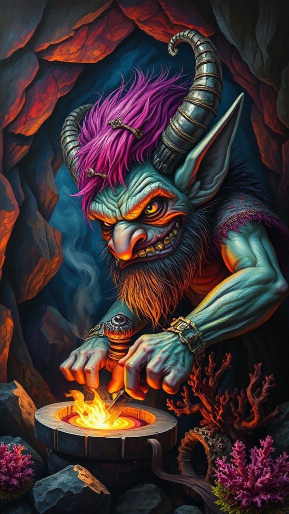 Troll Blacksmith Coral Tim Burton contrasting colors deep co...