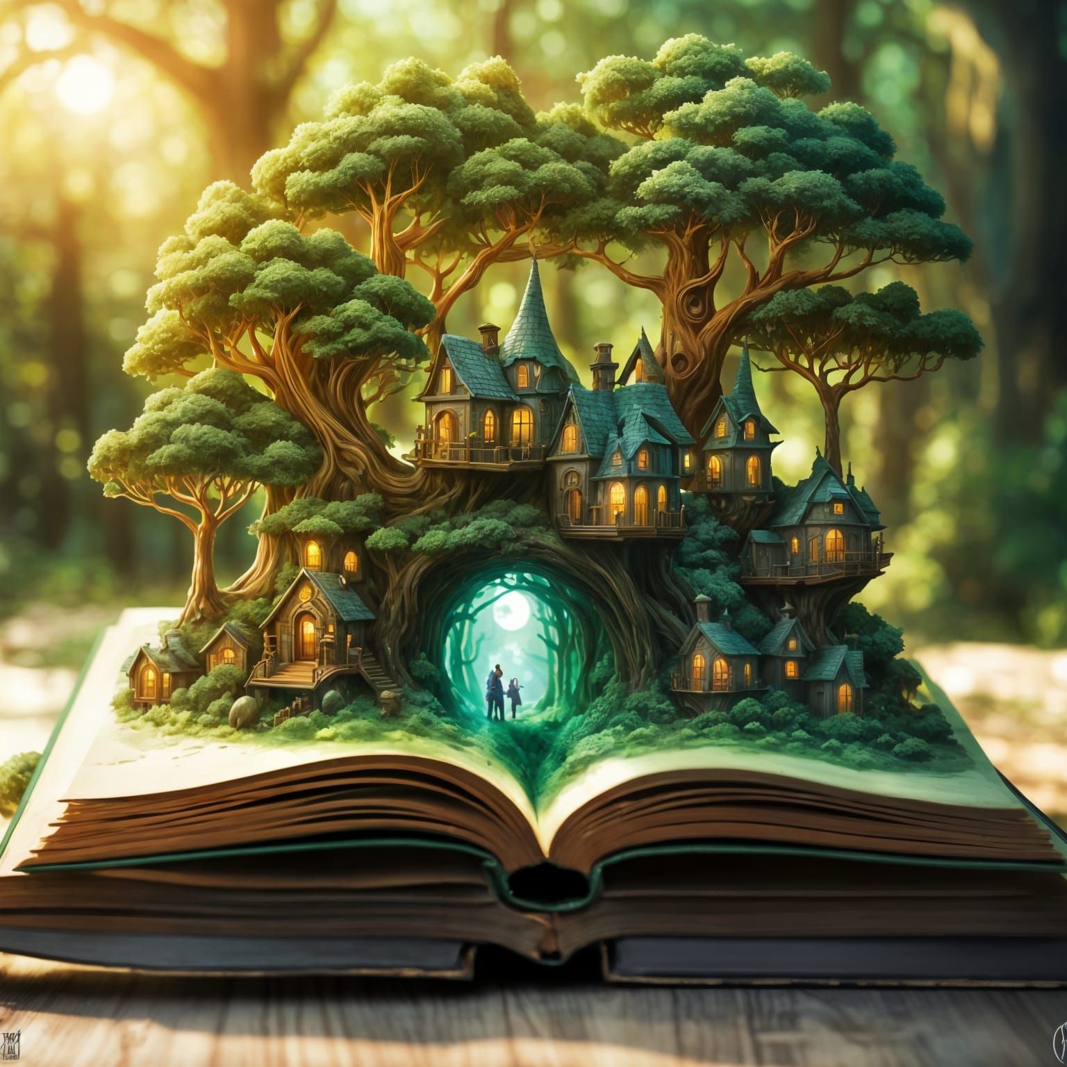 Miniature fantasy forest village popping out of an open book...