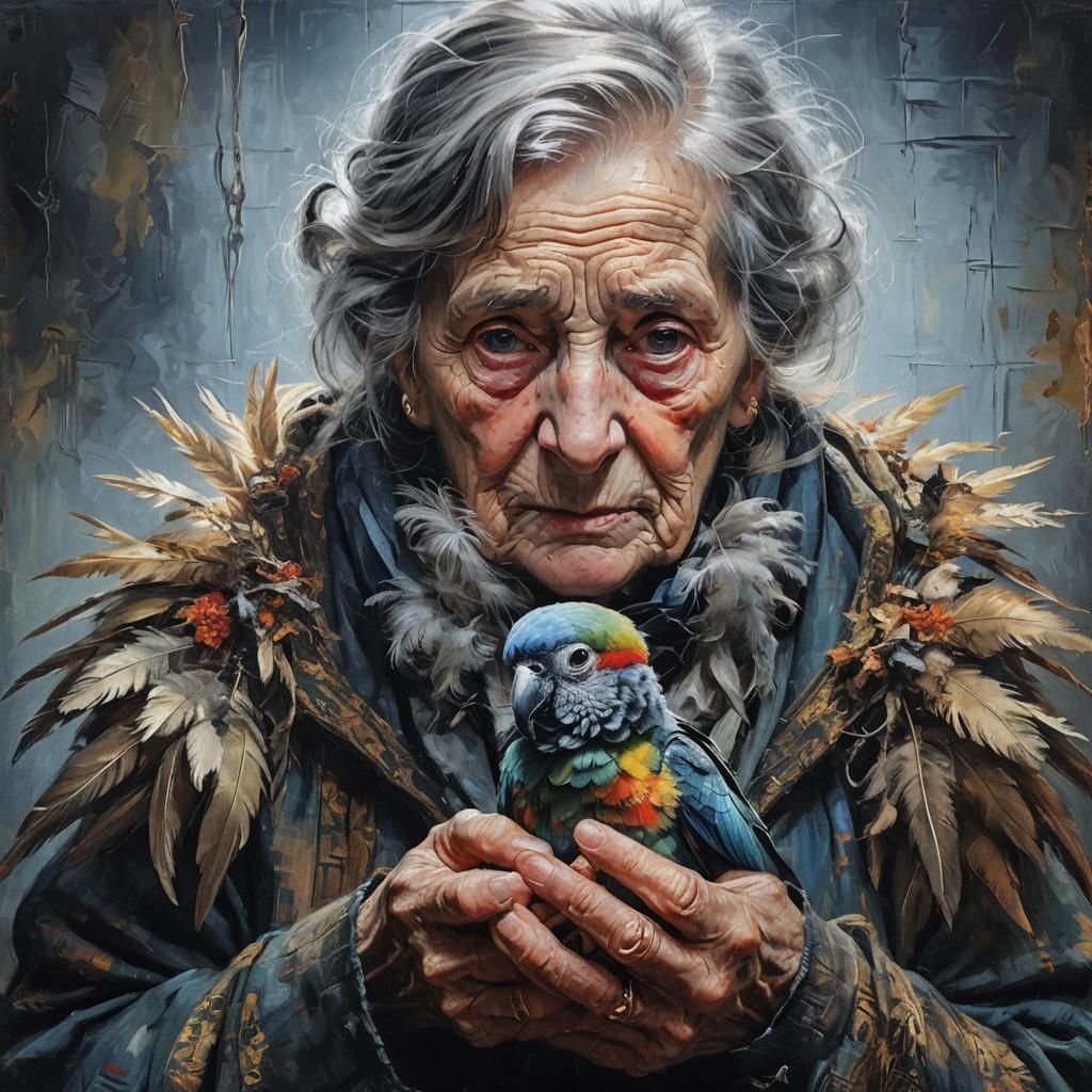 Eerie Portrait of Woman with Parrot in Oil Painting Style