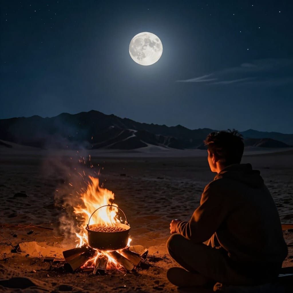 Moonrise Over Desert Campfire with Beans