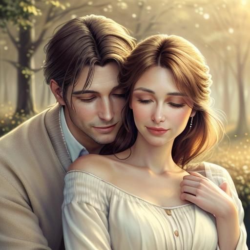 Romantic realism painting. Medium shot. A man with a pleased...