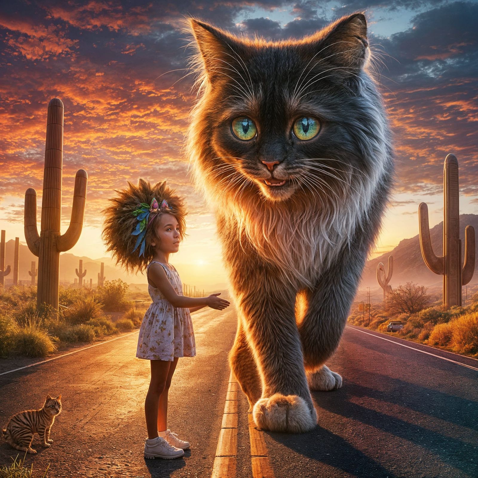 Joyful Encounter: Girl Meets Giant Sunrise Cat