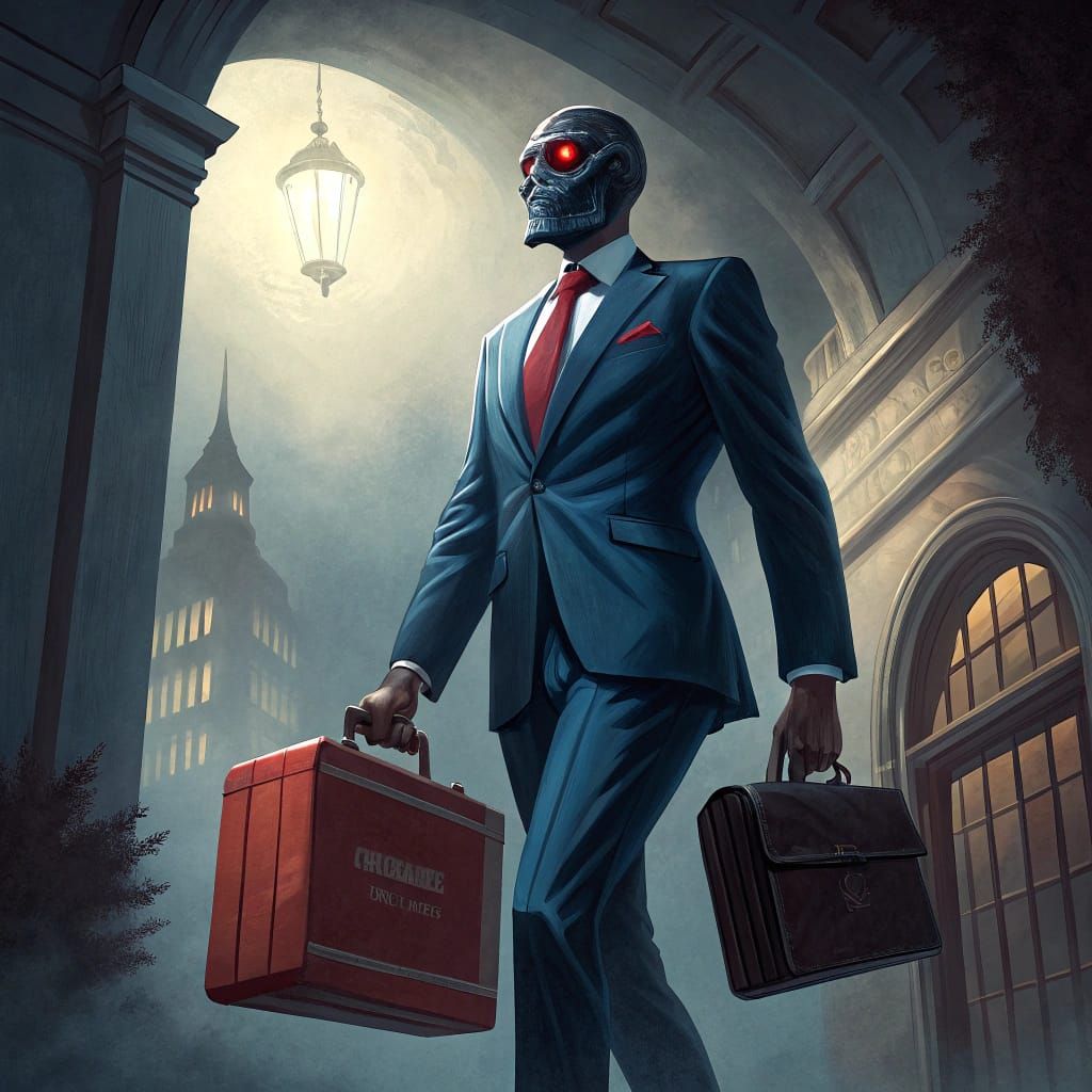 Ominous Figure with Red Eyes in Dystopian Style