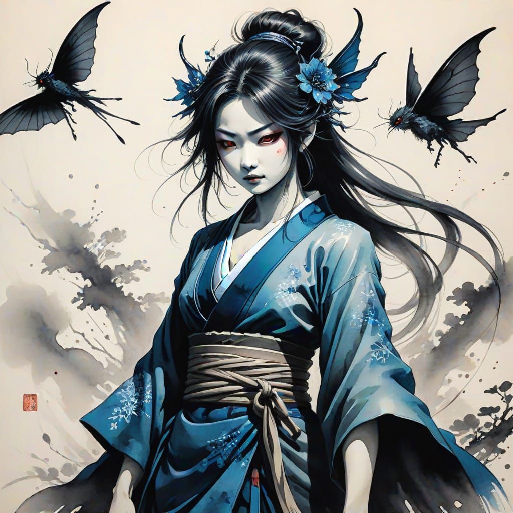 Fierce Fairy in Onryo-e Style Ink Painting