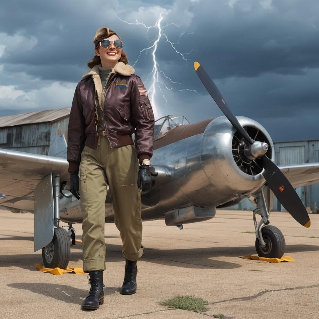 Gorgeous Pilot in Front of Aircraft, Pin-Up Style